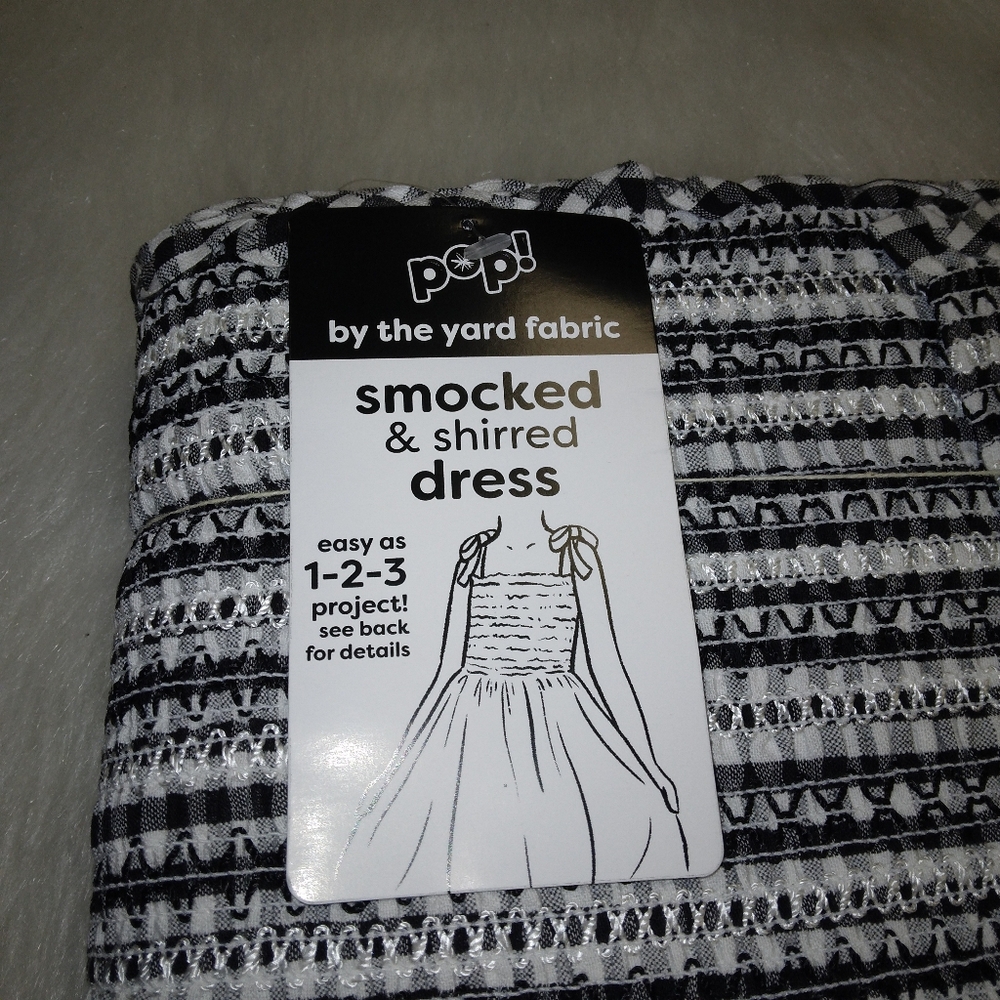 Pop Smocked Seersucker Black & White Gingham with 6 inches of Smocking. 8 yard